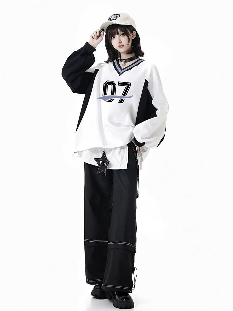 White V-Neck Regular/Back Bow Baseball-Style Sweatshirt with Front Numeric Design