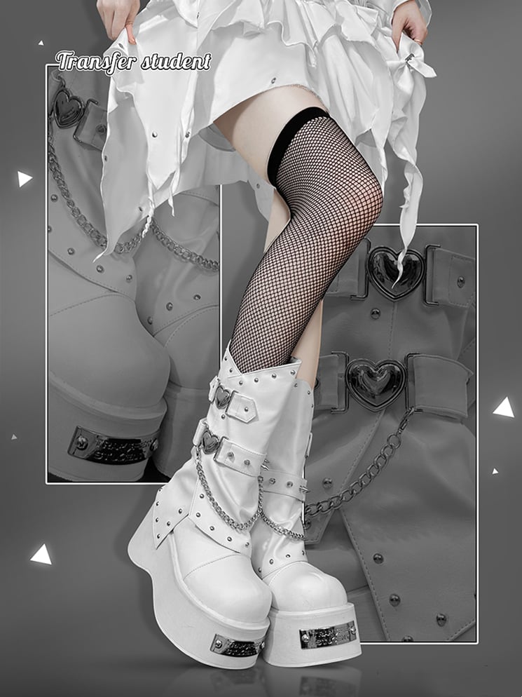 Punk Silver-tone Studs White Goth Platform Boots