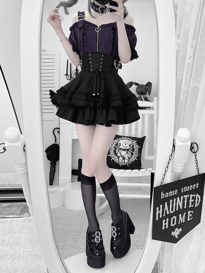 Jirai Kei Heart Buckles Lace-up Front and Back Black Tiered Skirt