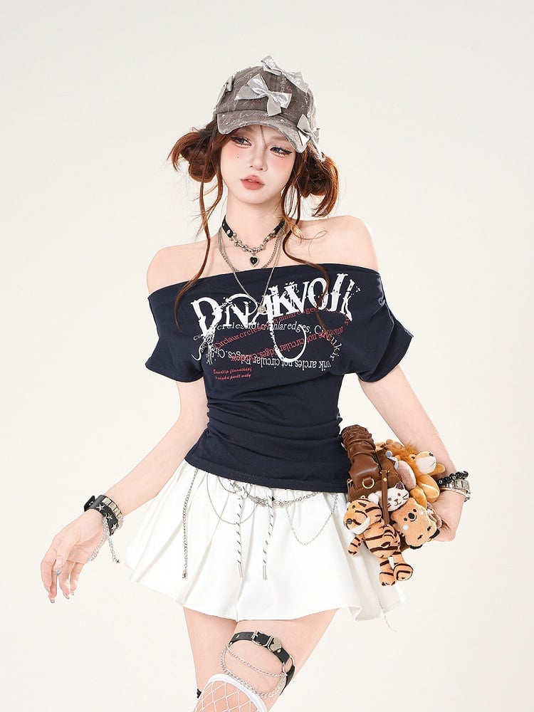 Off-the-shoulder Neckline Letter Print Gray/Navy Blue Slim-fitting T-shirt