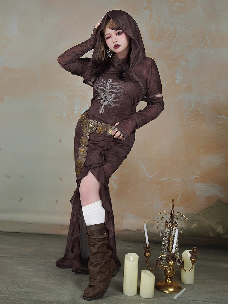 Plus Size Wasteland Punk Dark Coffee Sun Protection Hooded Top