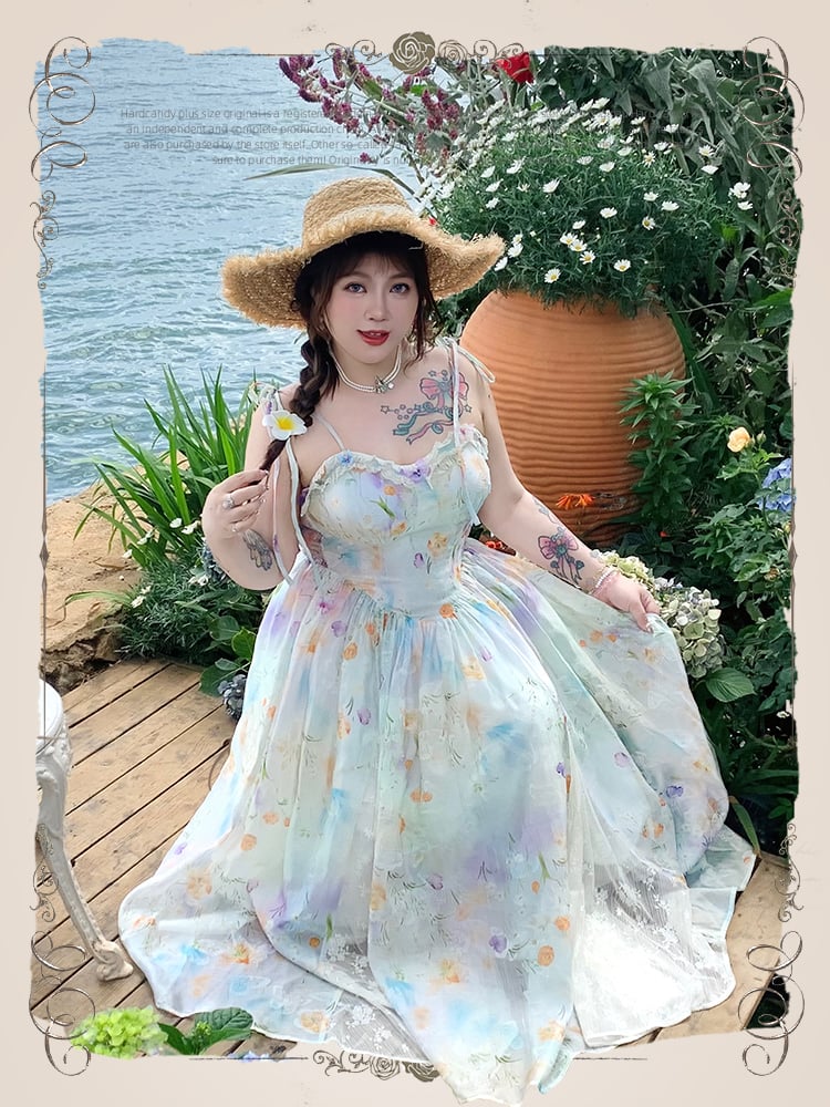 Plus Size Lace Patches Hem Oil Painting Print White Holiday Cami Dress