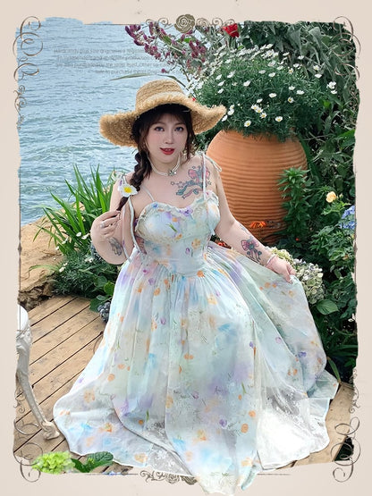 Plus Size Lace Patches Hem Oil Painting Print White Holiday Cami Dress