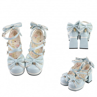 Blue Crisscross Design Heart Buckles Detachable Bow at Top High Block Heels