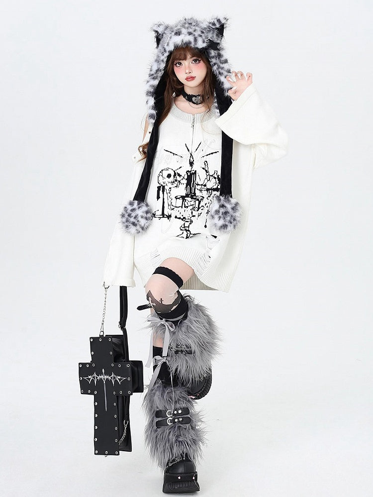 White Punk Cutout Shoulder Distressed Sweater with Studs