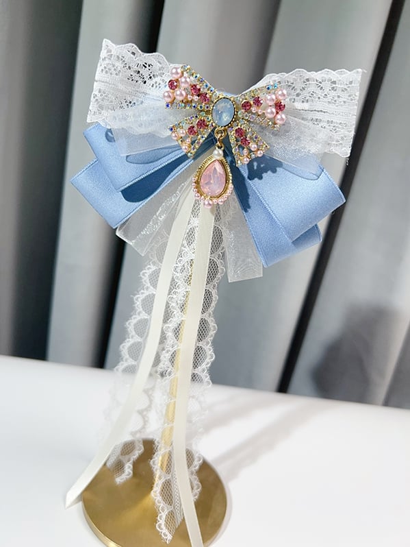 Pink/Blue Preppy Style Rhinestone And Beaded Decorated Butterfly Design Bow Tie