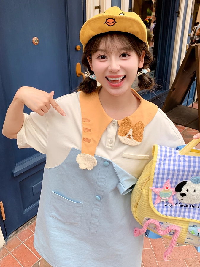 Adorable Kitty Collar Blue and White Colorblock Design Dress Faux Two-pieces