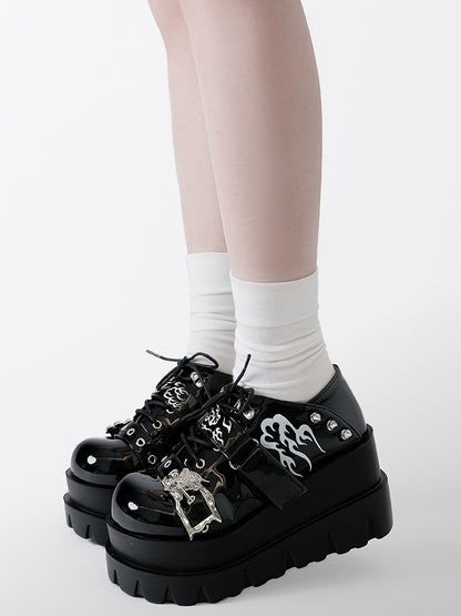 Polished Black Y2K Bittersweet Studs Details Print Design Platform Shoes
