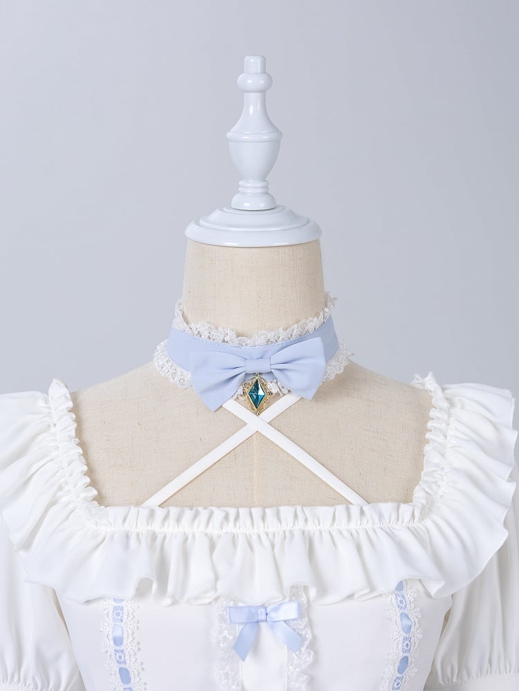 White Square Neckline with Blue Choker Halter Neck Jirai Kei Short Sleeves Blouse