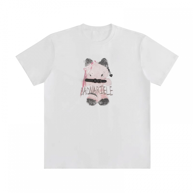 Cartoon Print Buckle Strap White Round Neck Cotton T-shirt