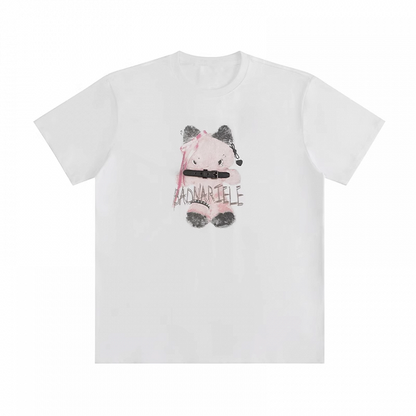 Cartoon Print Buckle Strap White Round Neck Cotton T-shirt