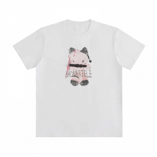 Cartoon Print Buckle Strap White Round Neck Cotton T-shirt