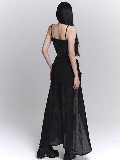 Gothic Black Twist Detail Slit Slip Dress