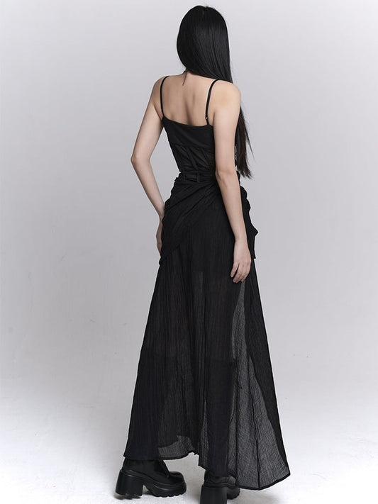 Gothic Black Twist Detail Slit Slip Dress