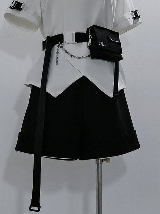 Black Cyberpunk Techwear Buckle Belt with Waist Bag