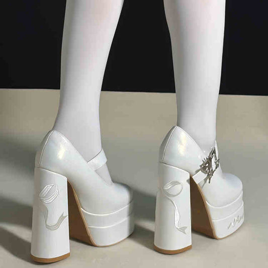 Bowknot Embroidery Butterfly-shaped Buckle White Platform Mary Janes High Block Heels