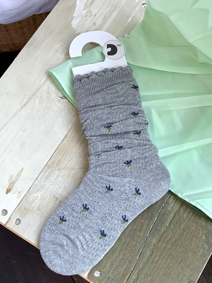 Gray/White/Wine Red/Black Floral Pattern Under-knee Stockings