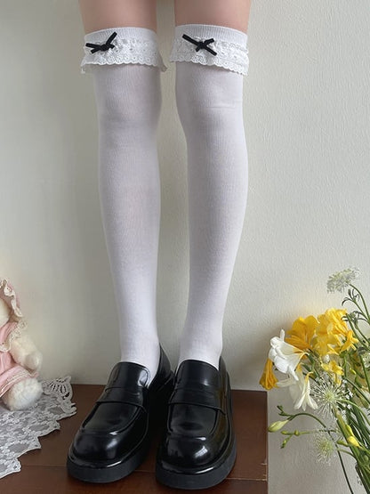 White/Black Bowknot Decorated Lace Trim Lolita Over-Knee Stockings