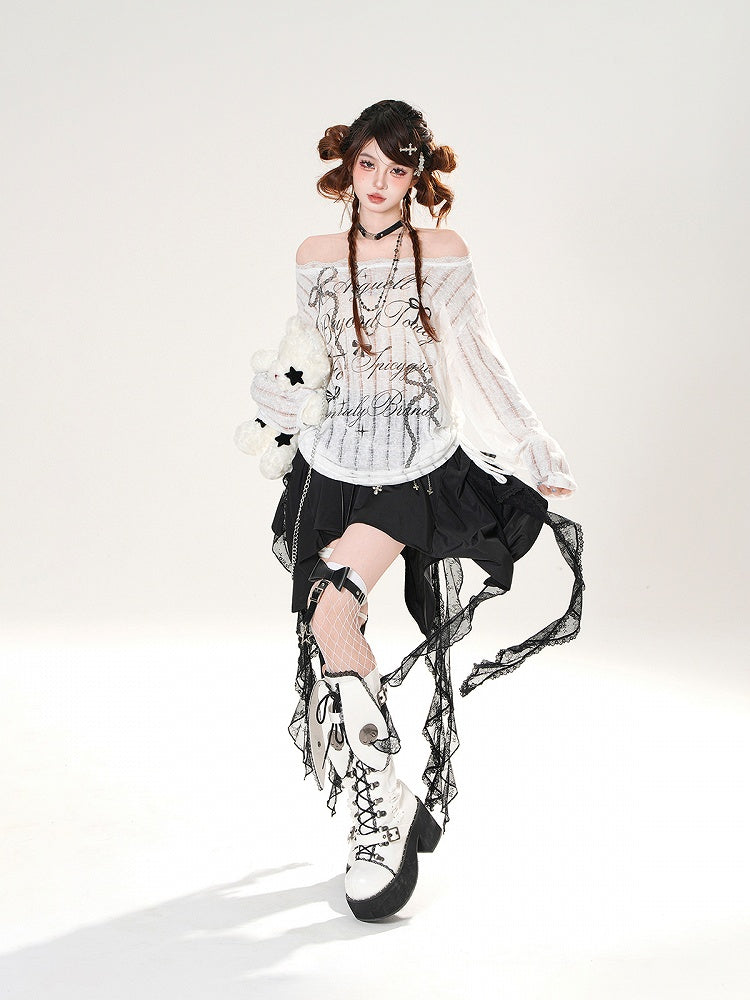 Off-the-shoulder Neckline Bowknot Print Black/White Semi-sheer Coverup