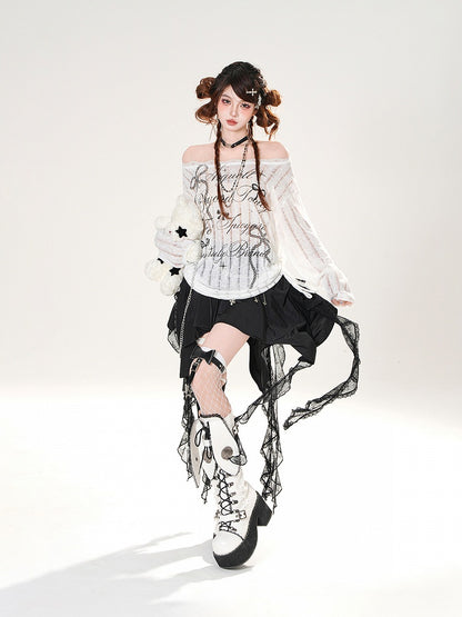 Off-the-shoulder Neckline Bowknot Print Black/White Semi-sheer Coverup