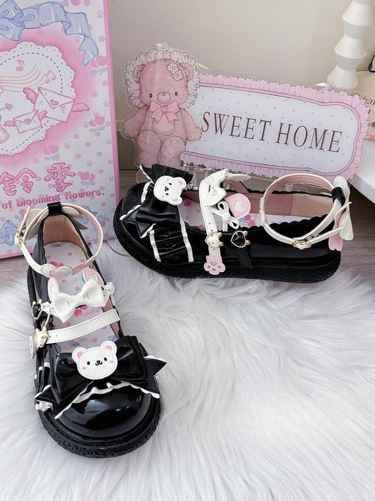 Cute Bear Black Flats in PU - 3cm Flat Heel with Bow Details & Romantic Hearts