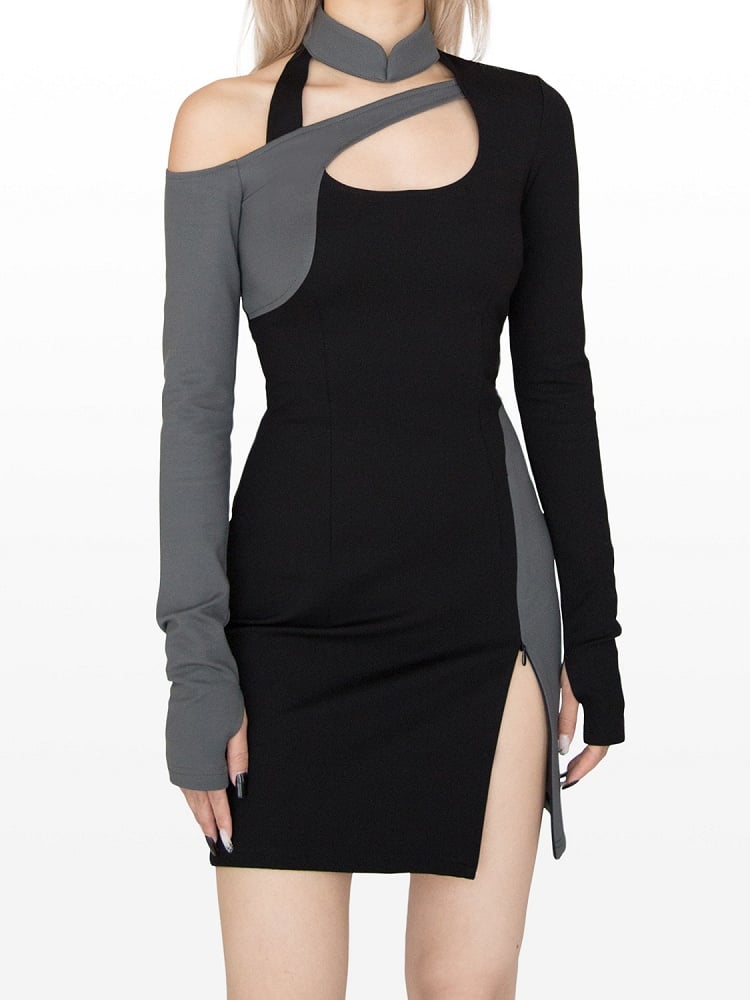Cyberpunk Black & Grey Banded Collar Cutout Detail Side Slit Glamorous Dress