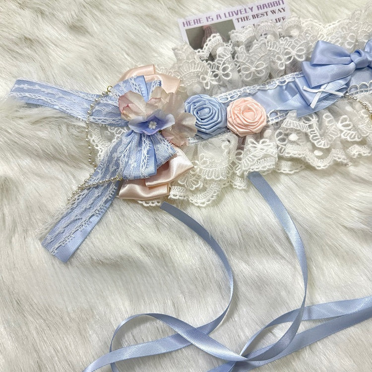 White&Blue Beaded And Heart Charm Bowknot Details Ruffled Hairband + Floral Design Bowknot Choker
