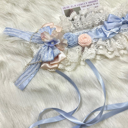 White&Blue Beaded And Heart Charm Bowknot Details Ruffled Hairband + Floral Design Bowknot Choker