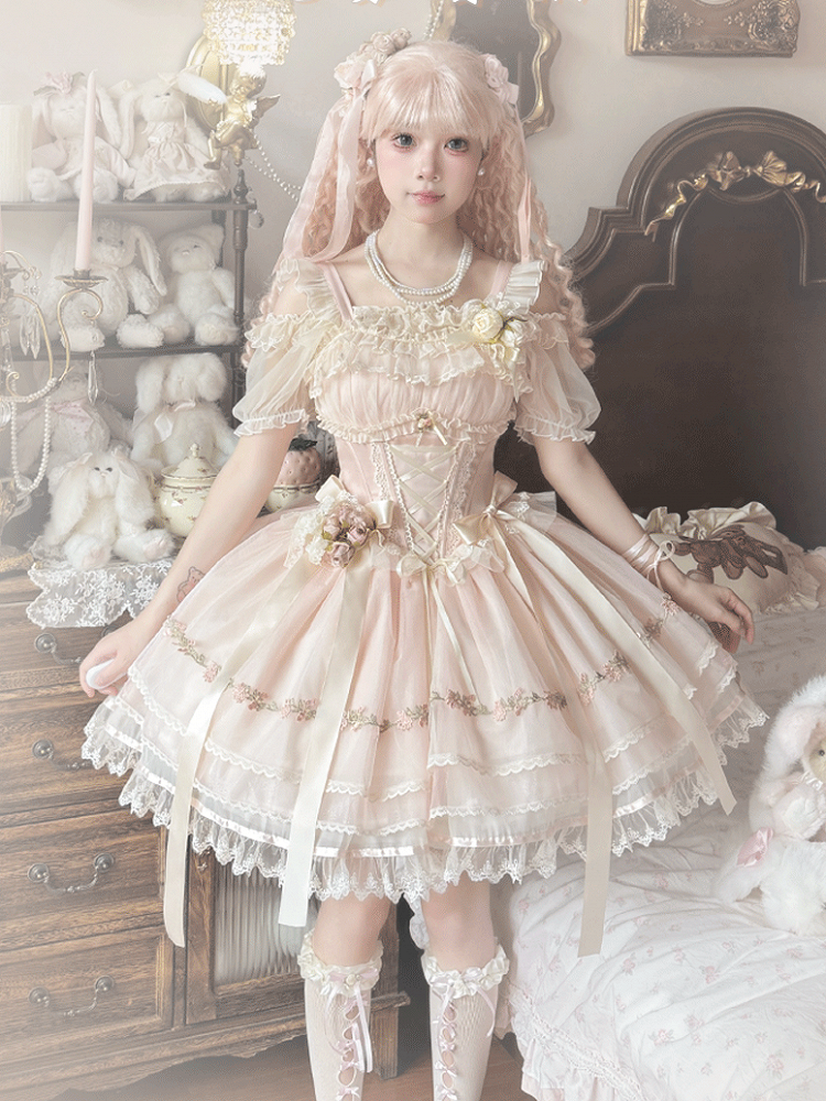 Pink Ribbon Bowknots Decoration Boned Waist Balletcore Sweet Lolita Dress Flutter Sleeves JSK