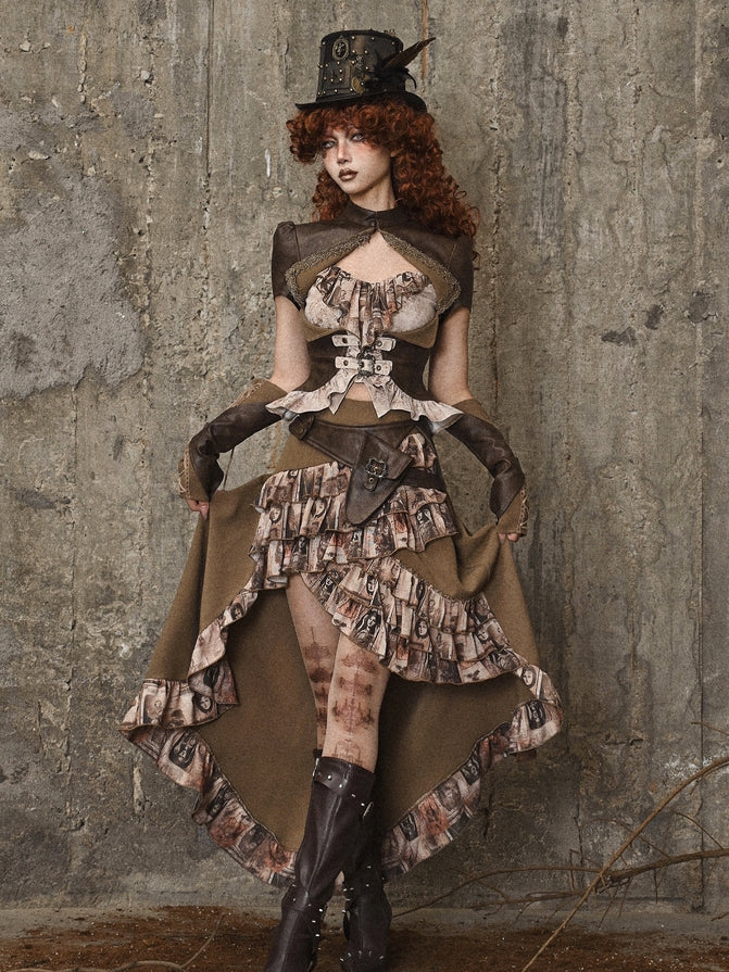 Brown Steampunk Open Bust PU Leather Banded Collar Top