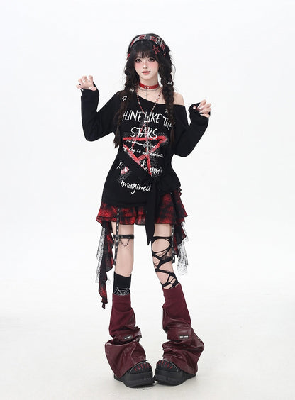 Black Asymmetrical Neckline Star Graffiti Print Loose Top