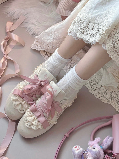 Pink Sweet Lolita Balletcore Front Lace-up Ties Lace Trim Sneakers