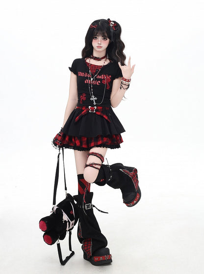 Y2K Plaid Cross Appliques Chains Decorated T-shirt Black/White Faux Two-pieces