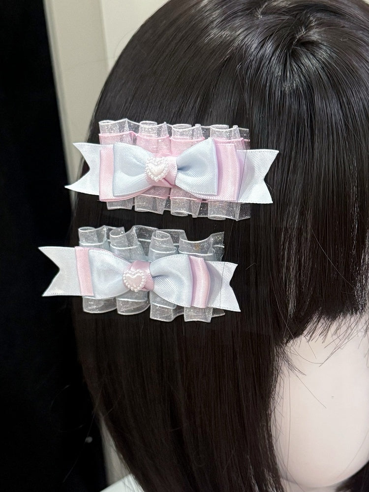 4 Options Beaded Heart Decorated Ruffled Bowknot Hairclip