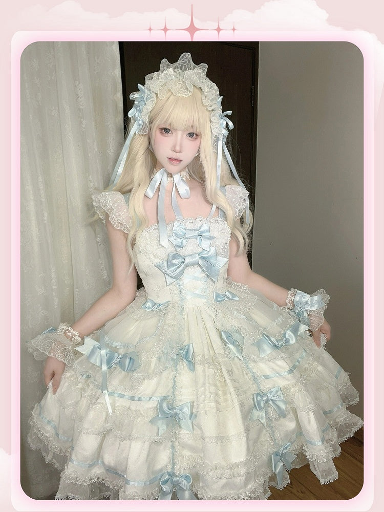 White and Blue Sweet Bow Accents Princess Lolita Jumper Skirt