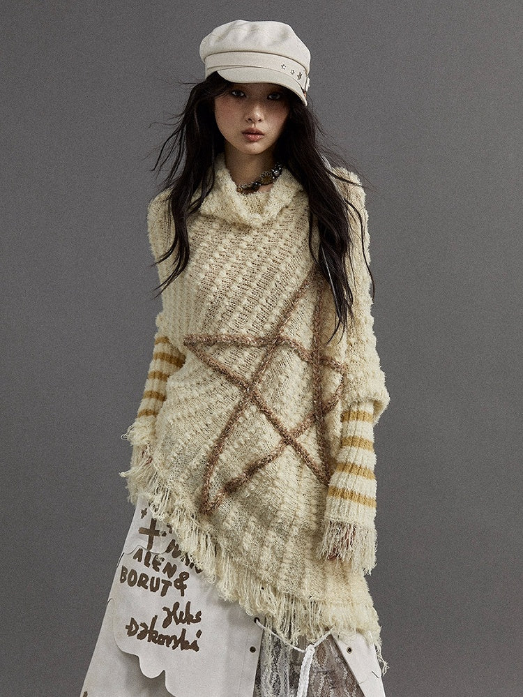 Light Yellow Vintage Punk Batwing Sleeves Loose Five-pointed Star Sweater