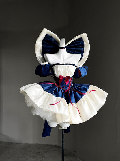 Blue & White Basque Waist Sweet Lolita Dress with Large Bow and Red Ribbon Accents