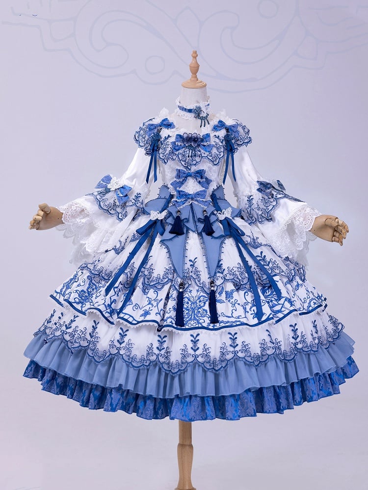 Butterfly Fabric Blue and White Porcelain Embroidery Chinoiserie Style Lolita Dress Long Version