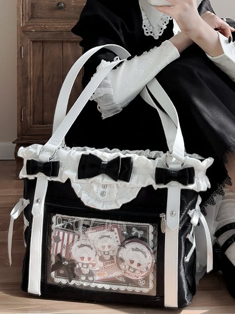 Black&White Bowknot Details Ruffles Trim Lace-up Design Ita Bag