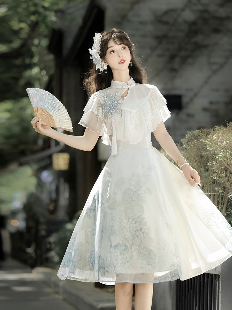 Short Version Hydrangea Print White Elegant Classic Lolita Dress with Lace Shawl