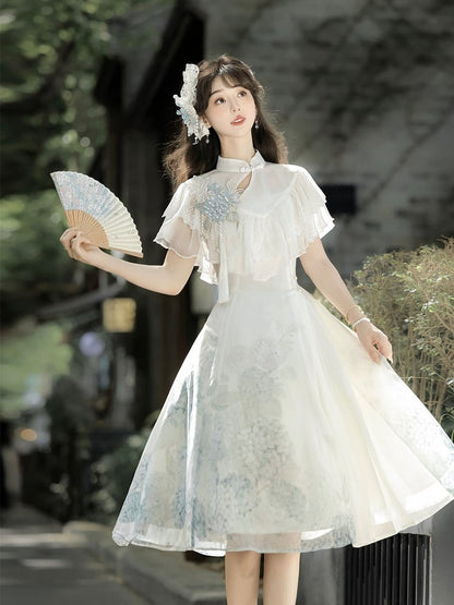 Short Version Hydrangea Print White Elegant Classic Lolita Dress with Lace Shawl