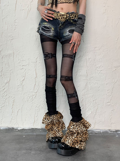 Black Punk Buckle Print Tights＋Leopard Print Leg Warmers Set