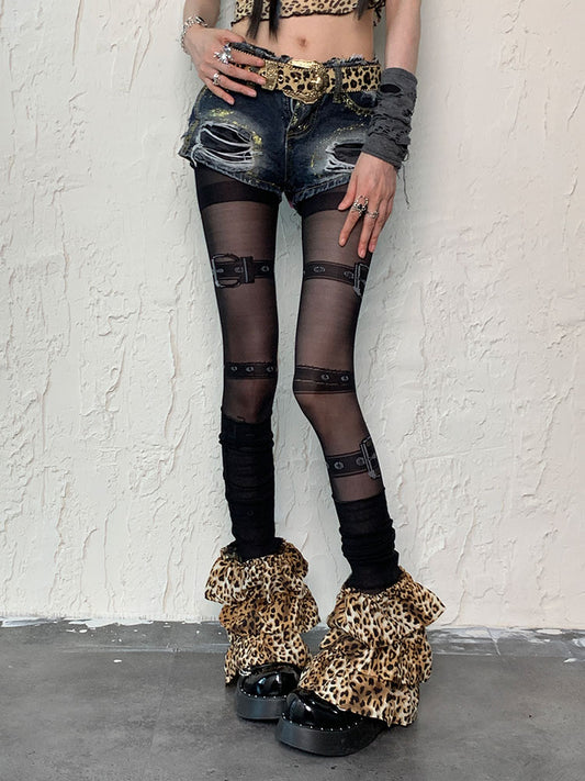 Black Punk Buckle Print Tights＋Leopard Print Leg Warmers Set