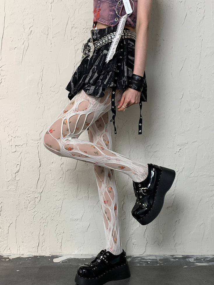 White Y2K Floral Pattern Tights + Cut-out Design Tights