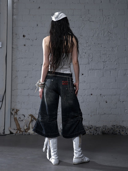 Blue/Yellow Faded Wash Distressed Holes Angel Wing Embroidery Vintage Punk Wide-leg Jeans