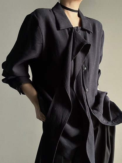 Ouji Lolita Black Retro Loose Pointed Collar Shirt with Long Draping Ribbon