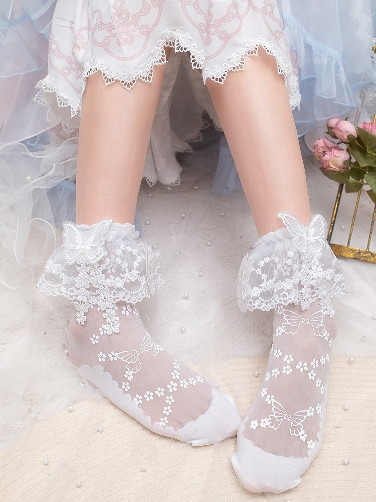 White Sweet Butterfly Print Single-layer Lace Trim Ankle Socks