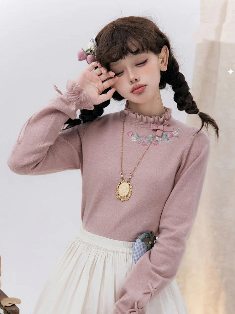 Strawberry Embroidery Neckline Lace-up Cuffs Dusty Pink Autumn Knit Top