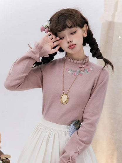 Strawberry Embroidery Neckline Lace-up Cuffs Dusty Pink Autumn Knit Top