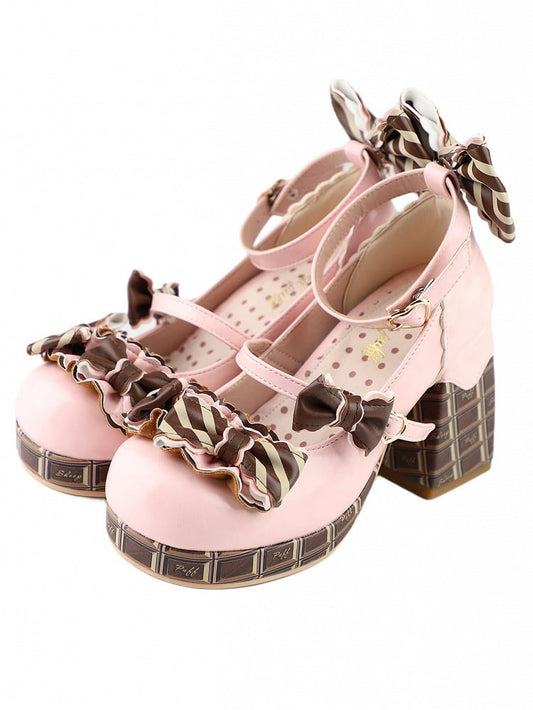 Pink&Brown Striped Bowknot Details Heart Buckle Chocolate Platform High Block Heels Mary Janes